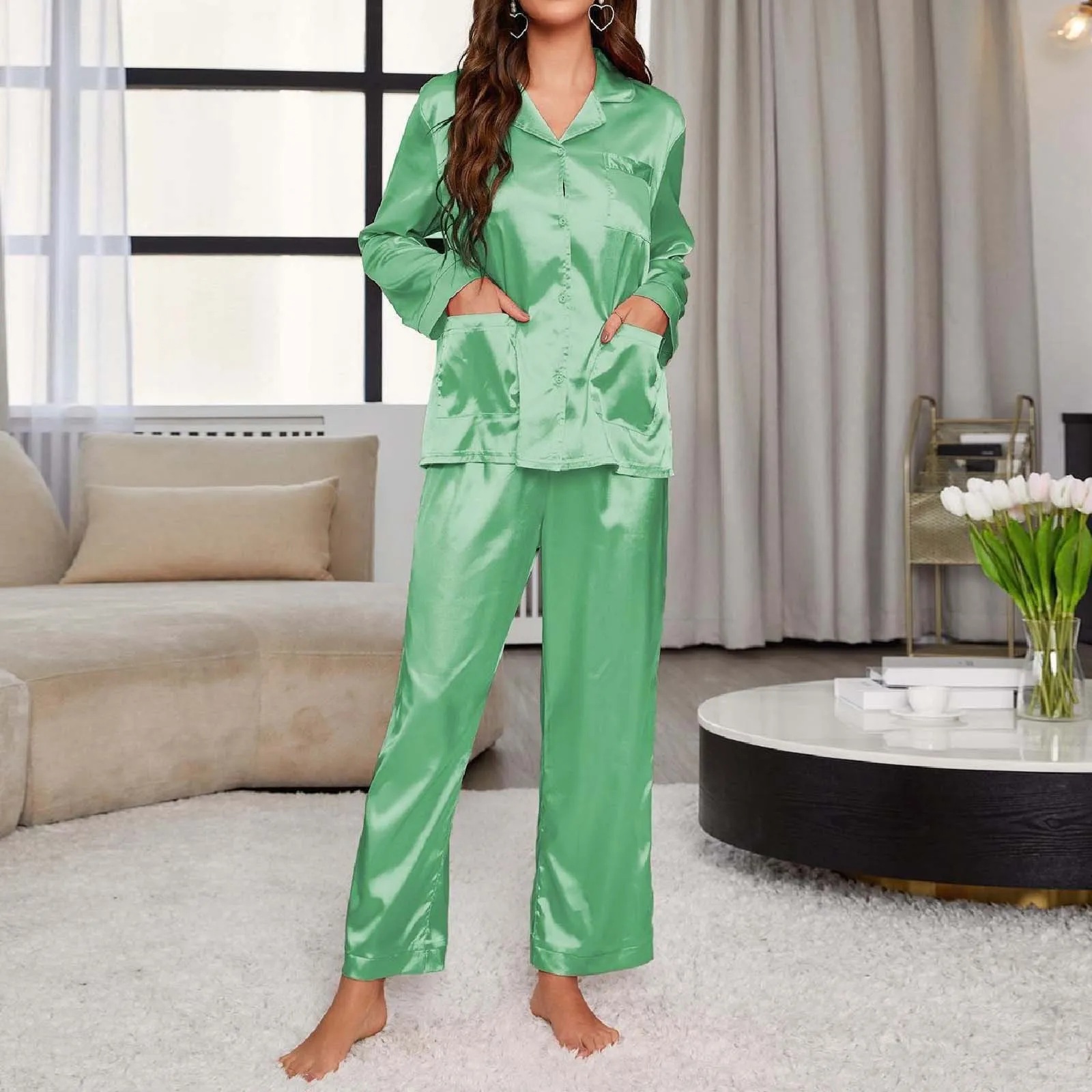 Womens Long Sleeved Pajamas Soft Button Loungewear Pajamas And Casual Suits Teen Pajamas