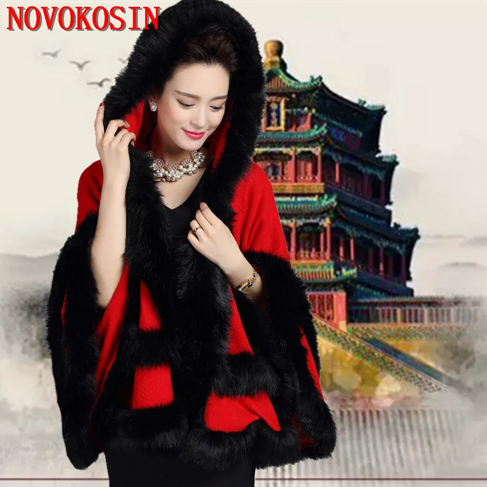 6 Colors Winter Women Black Two Circles Faux Fox Fur Cashmere Loose Poncho Cloak Oversize Cardigan Shawl Coat With Hat
