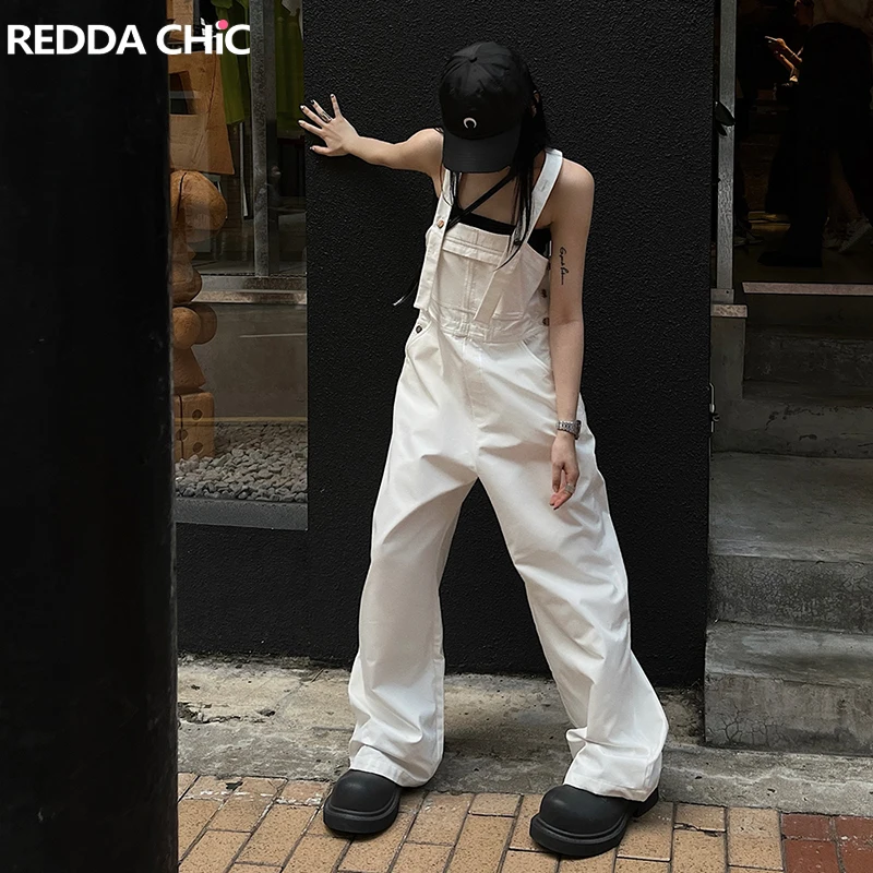 

ReddaChic White Bib Pocket Denim Overalls for Women Loose Casual Wide Leg Jeans Jumpsuit Y2k Retro Dungaree Korean Streetwear