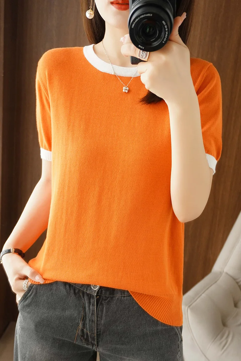 

New summer 100% cotton knit short sleeve round neck loose color-block pullover simple fashion T-shirt top