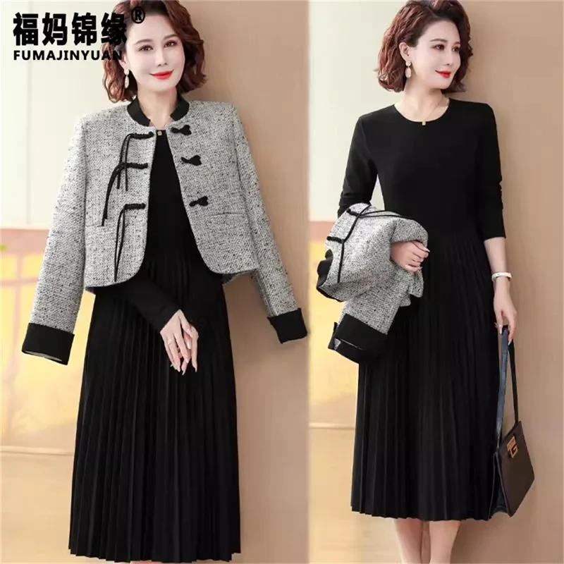 

New Chinese Style Buckle Dress Two-piece Female 2024 Spring and Autumn New Middle-aged Mother Noble Retro Short Top