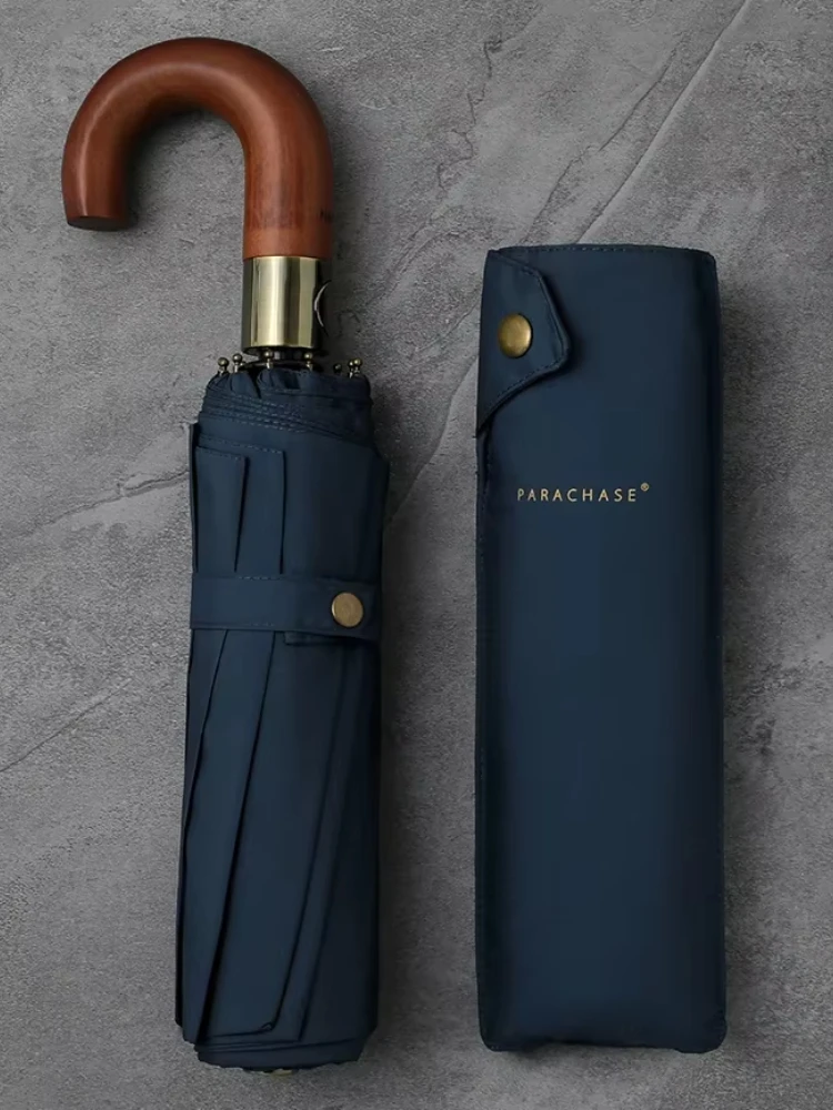 Parachase Luxury Wooden Umbrella Men Business Style Folding Automatic Umbrella Big Size Golf Windproof Strong 10 Ribs