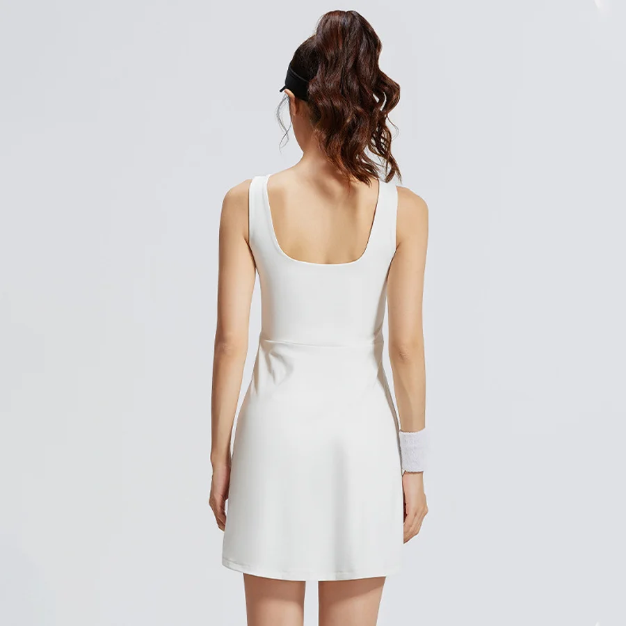 Women's Sleeveless Tennis Jumpsuit Skirt Combo Soft Breathable Golf Dress with Built-In Bra And Shorts Athletic Tights Dress