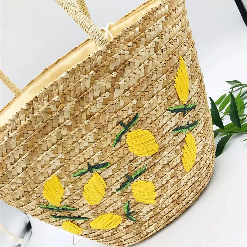 Woman Handbags Vintage Hand-woven Bohemian Straw Bale Bag Fruit Embroidery Summer Fashionable Rattan Handmade Kintted Beach Bag