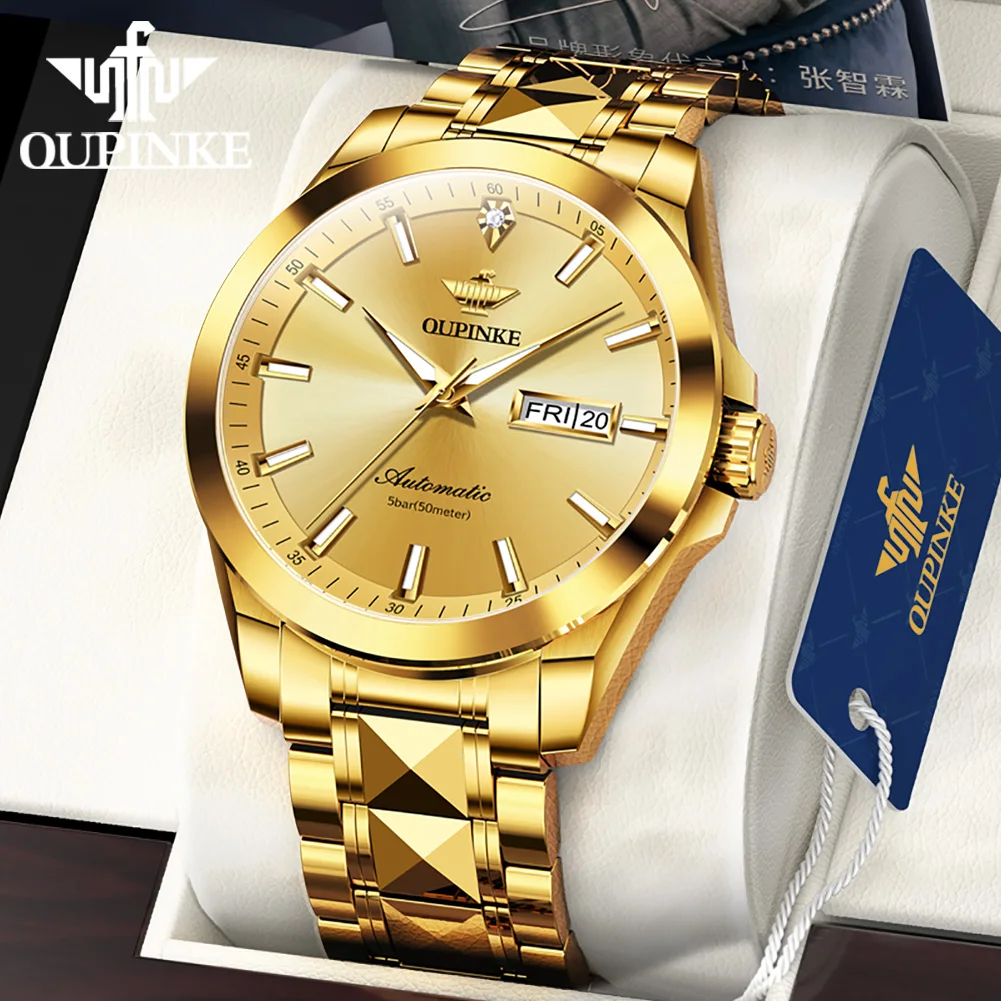OUPINKE Real Diamond Gold Watch for Men Automatic Mechanical Wristwatches Luxury Tungsten Stainless Steel Waterproof Men's Watch