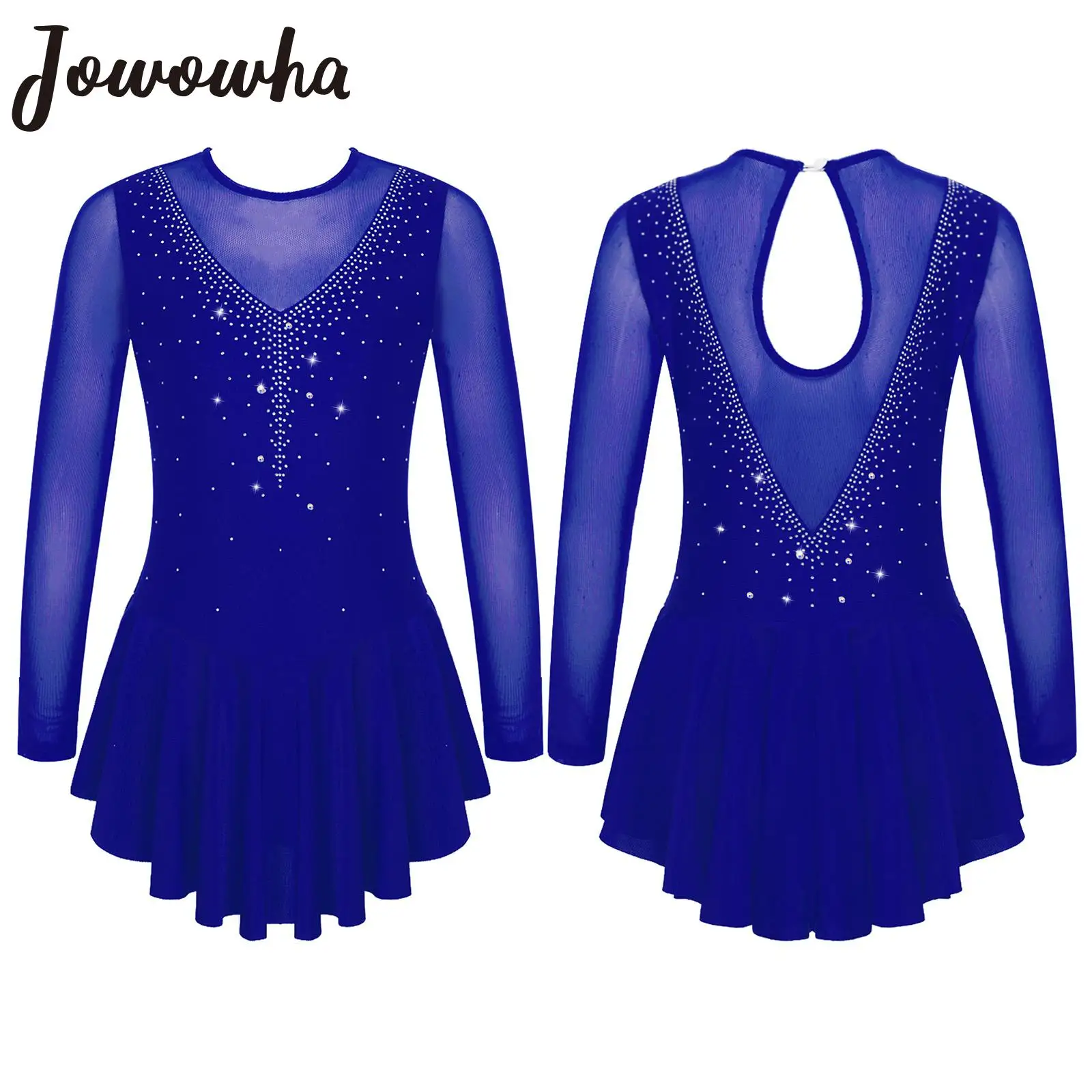 Girls Dance Costumes Rhinestone Figure Skating See-through Ballet Leotards Mesh Patchwork Hollow Out Performance
