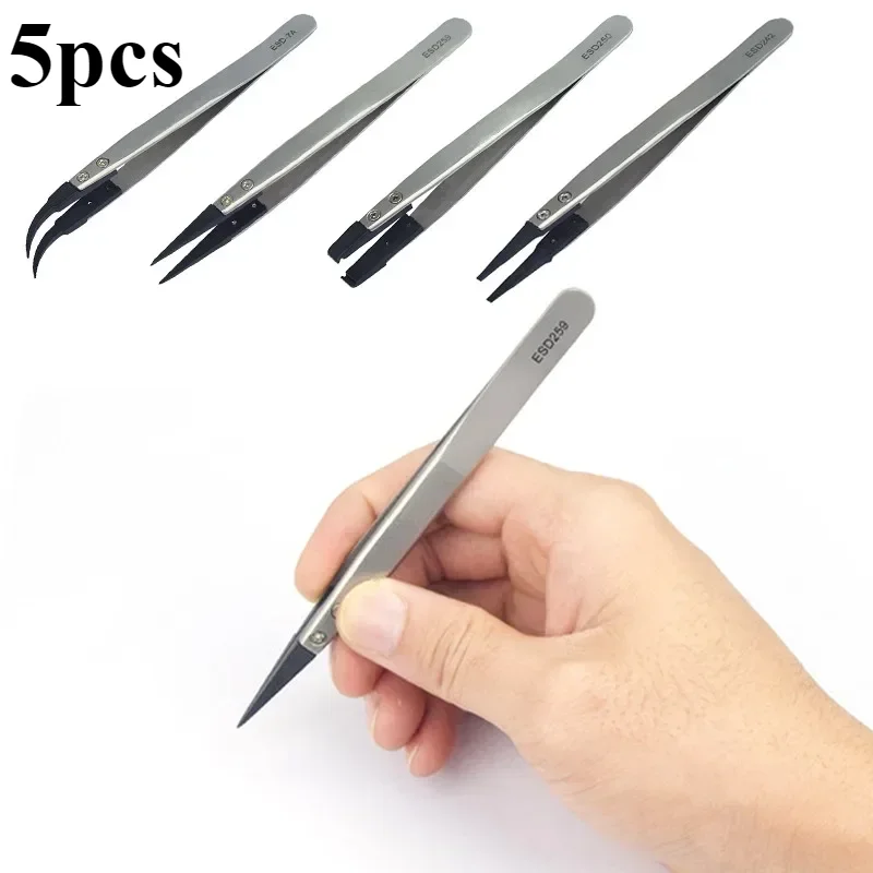 Watch Hands Installation Work Tweezers Straight Elbow Handle Stainless Antistatic Plastic Tweezers ESD-259 ESD-259A ESD-7A 5PC