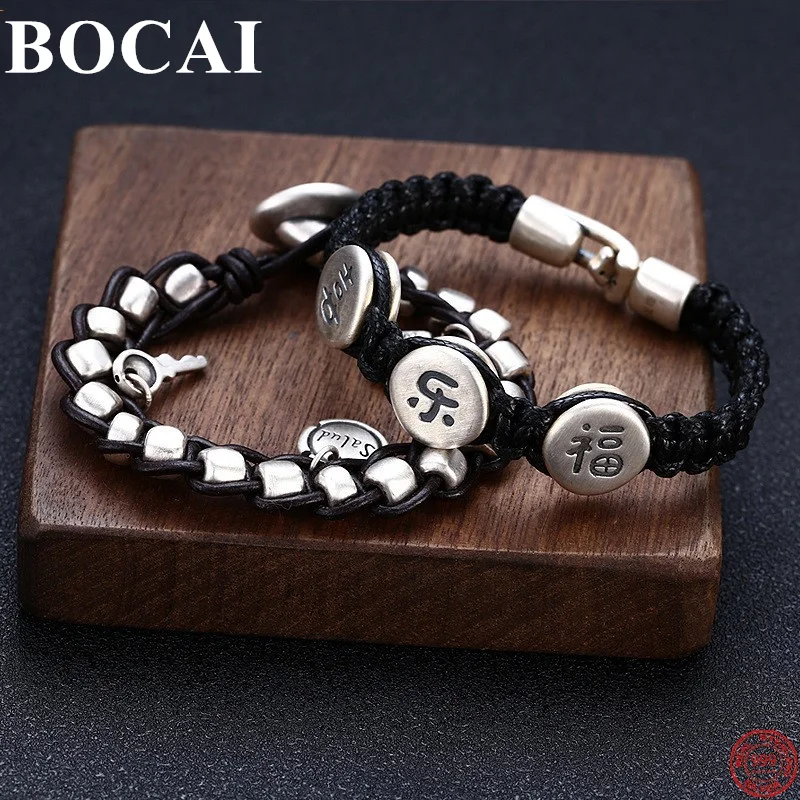 

BOCAI S999 Sterling Silver Bracelets for Women Men Chinese Letter Leather Rope-chain Hand String Amulet Jewelry Free Shipping