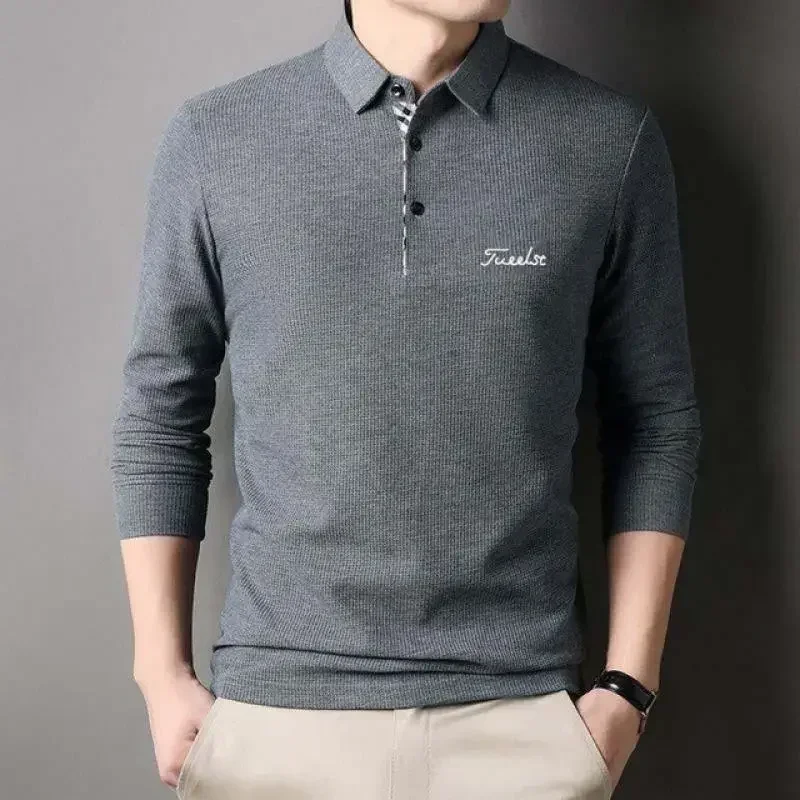 

Golf Apparel Men's 2023 New Autumn Solid Polo Long Sleeve Basecoat Golf Men's Polo Shirt Button Polo Collar Top