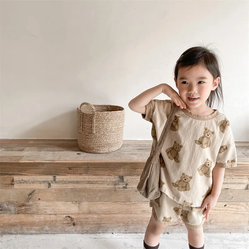Kids Bear Print Summer Clothing Set Vintage Tee and Shorts