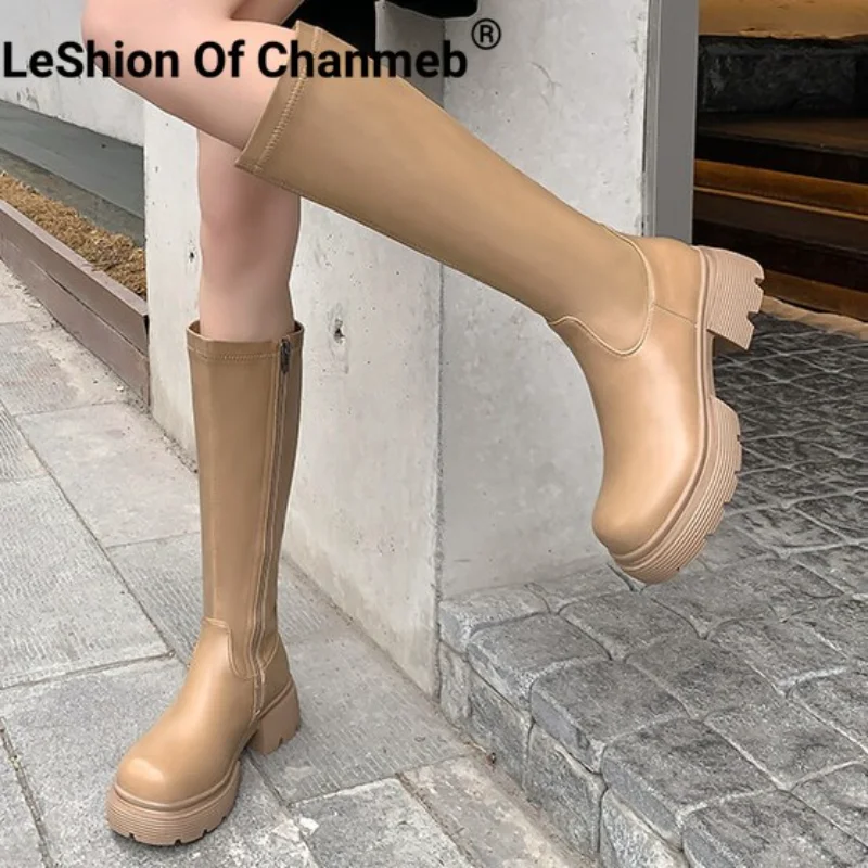 

LeShion Of Chanmeb Women Cow Split Leather Zipper Knee-High Boots Chunky Block Heels Riding Platforms Gothic Boots Autumn Winter