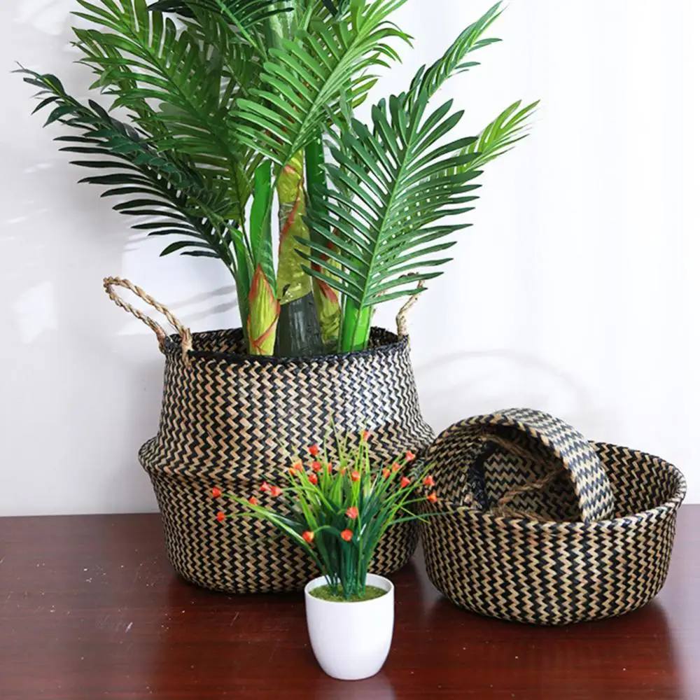 Folding Straw Wicker Storage Basket Rattan Seagrass Plant Flower Pots Handle Garden Planter Laundry Bag Toy Sundries Organizer 5