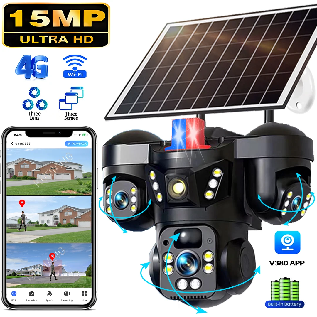 V380 Three Lens Three Screens 15MP 4G Solar Camera Outdoor WiFi 10X Digital Zoom Waterproof Auto Tracking Security CCTV Cameras 1