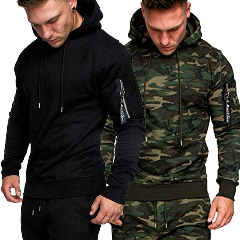 2023 Autumn Men Fitness Tracksuit Sport Set Camo Printed Hoodies Coat + Pants Sportwear Suit Male Outdoor Running Jogging Sets autumn winter men s fashion brand printed jogging suits three color hoodies and trousers two piece sets casual tracksuit