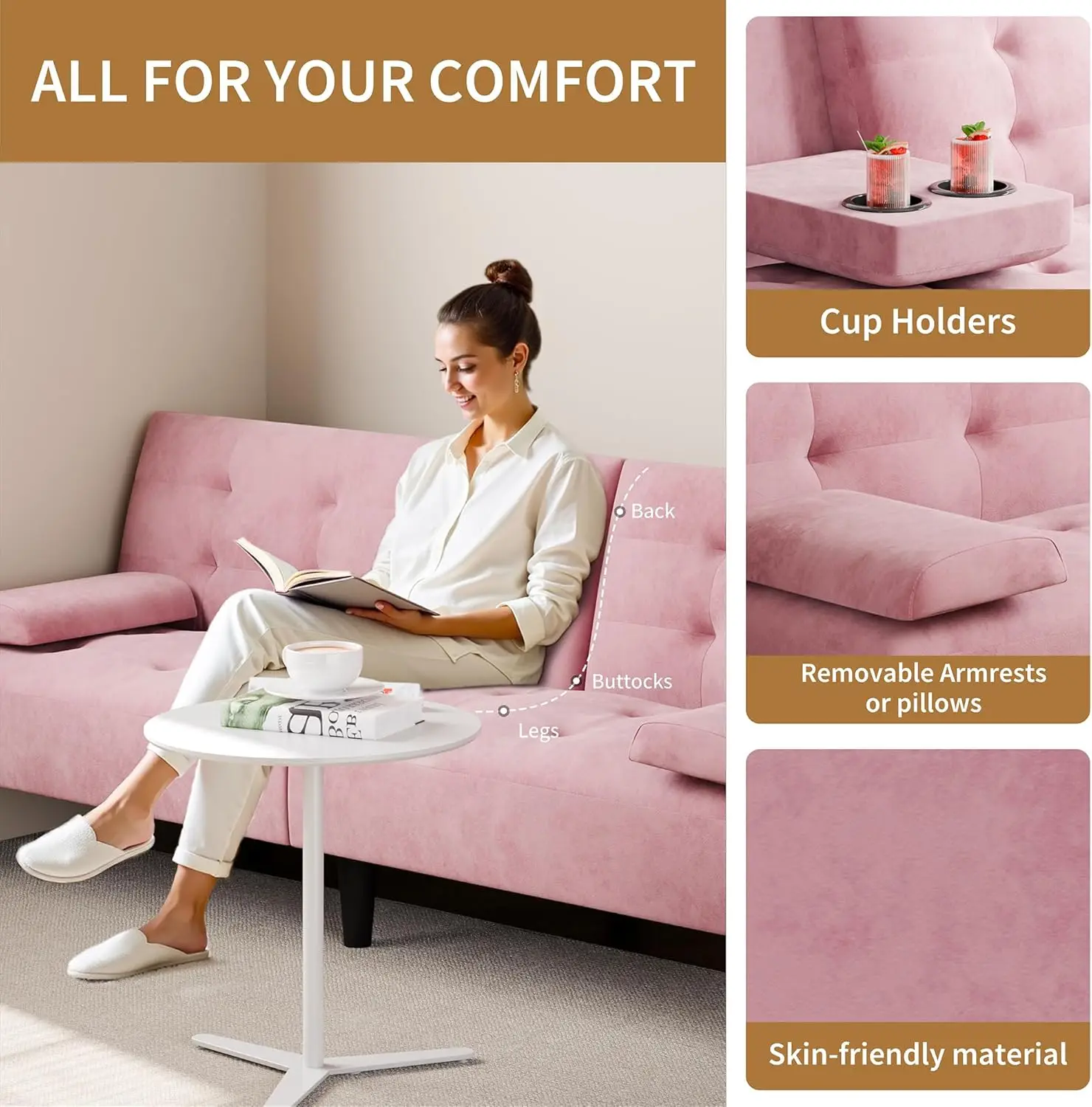 Sofa Bed Futon Couches, Modern Convertible Folding Loveseat - Multi-Functional Recliner with 3-Angle Adjustment, Detachable