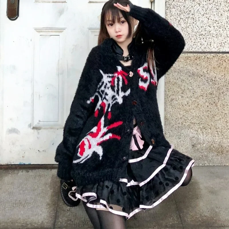 

New Spring Autumn Gothic Harajuku Hot Girl Loose Long Sleeve Fashion Punk Cool Girl Streetwear Black Print Coat