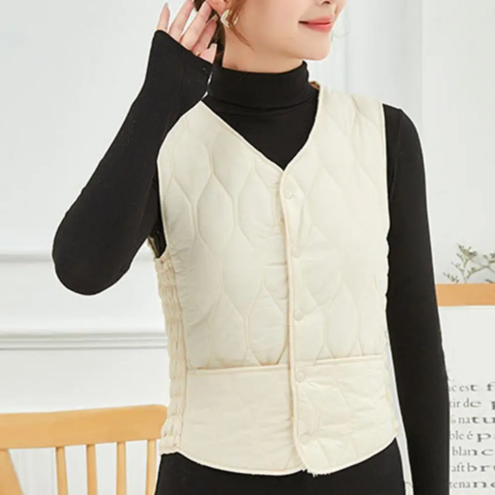 

Casual Women Vest Stylish Women's V-neck Cardigan Warm Padded Sleeveless Vest Coat with Slim Fit Solid Color Convenient Pockets