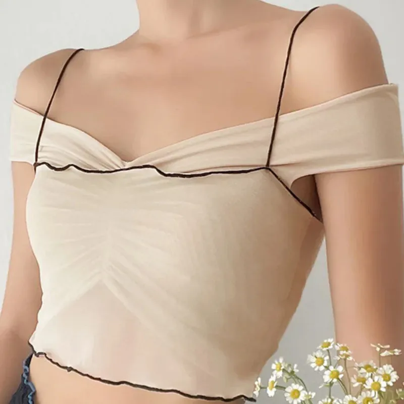 

Harajuku Cute Blouse Mesh Top Off Shoulder Girl Camisole Sleeveless Vests Y2k Vintage Clothes Basic Women Clothing Corset Summer