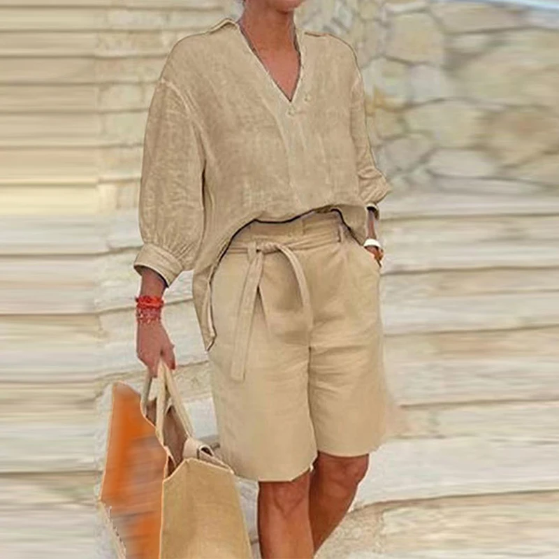Set di abbigliamento per la casa in cotone e lino con stampa scozzese retrò etnica Top senza maniche con scollo a O + pantaloni Harem Primavera Estate 2 pezzi_voghion.com