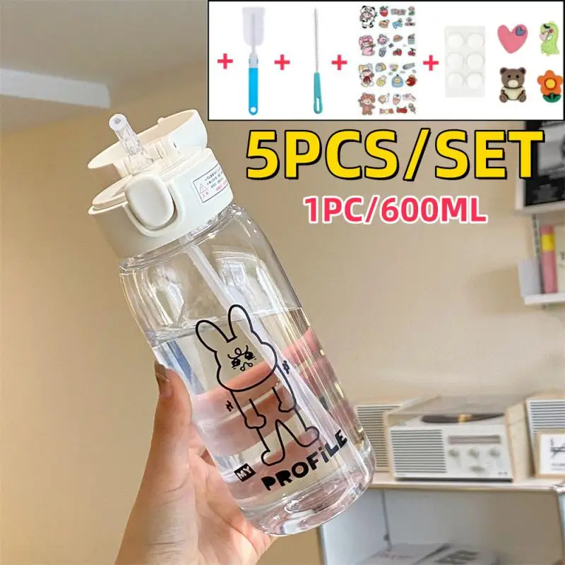 빨대 달린 플라스틱 물병, BPA 프리 누출 방지, 낙하 방지 주전자, 만화 얼음 흡입 주전자 및 3D, 600ml 물컵, 1 세트