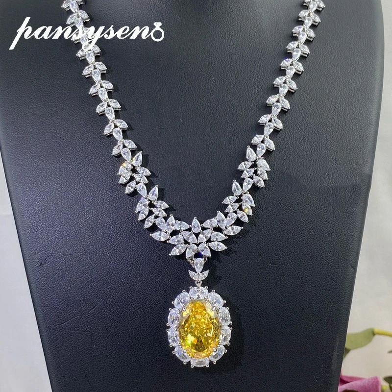 

PANSYSEN Luxury 925 Sterling Silver Simulated Moissanite Citrine Gemstone Cocktail Party Pendant Necklace for Women Fine Jewelry