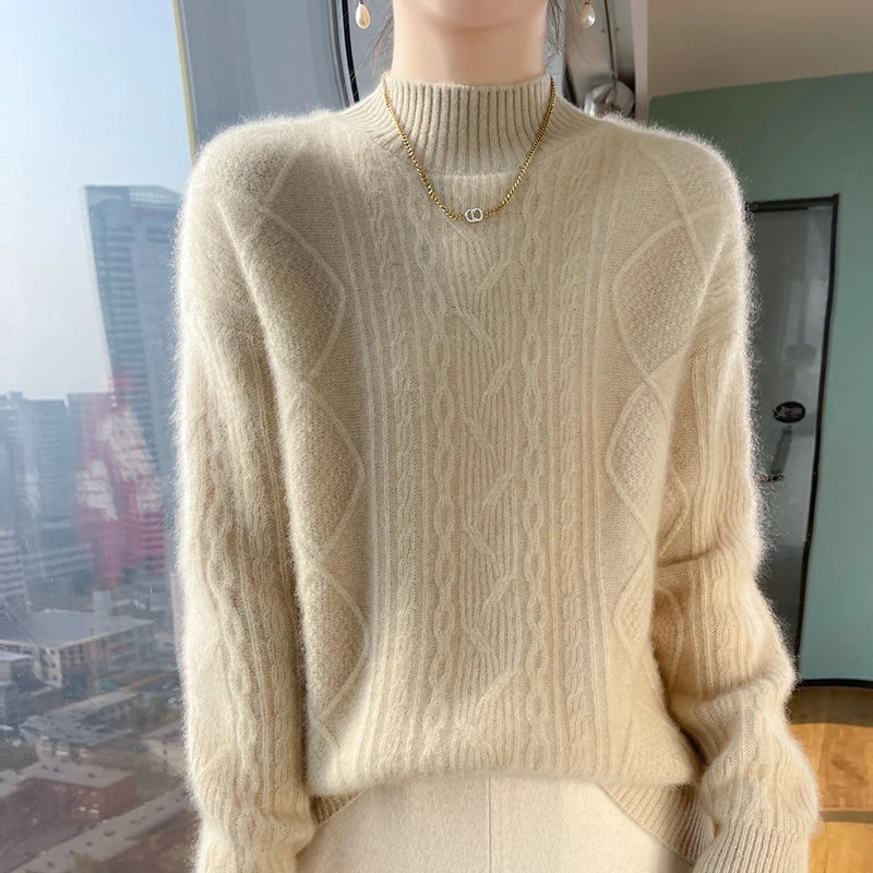 

24 Autumn and Winter New Thickened Half Turtleneck 100 Pure Cashmere Knitwear Women's Pullover Jacquard Trend Sweater Knitwear