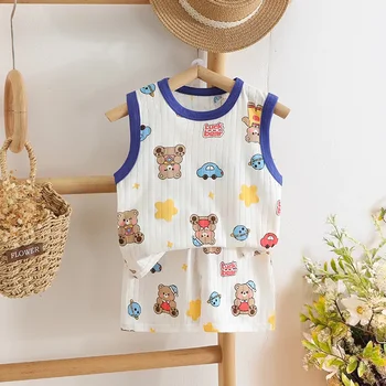 Vestiti per bambini Estate Nuovi vestiti per bambini Gilet per bambini Pantaloncini Completo T-shirt per ragazzi Ragazzi e ragazze Abbigliamento da casa in cotone