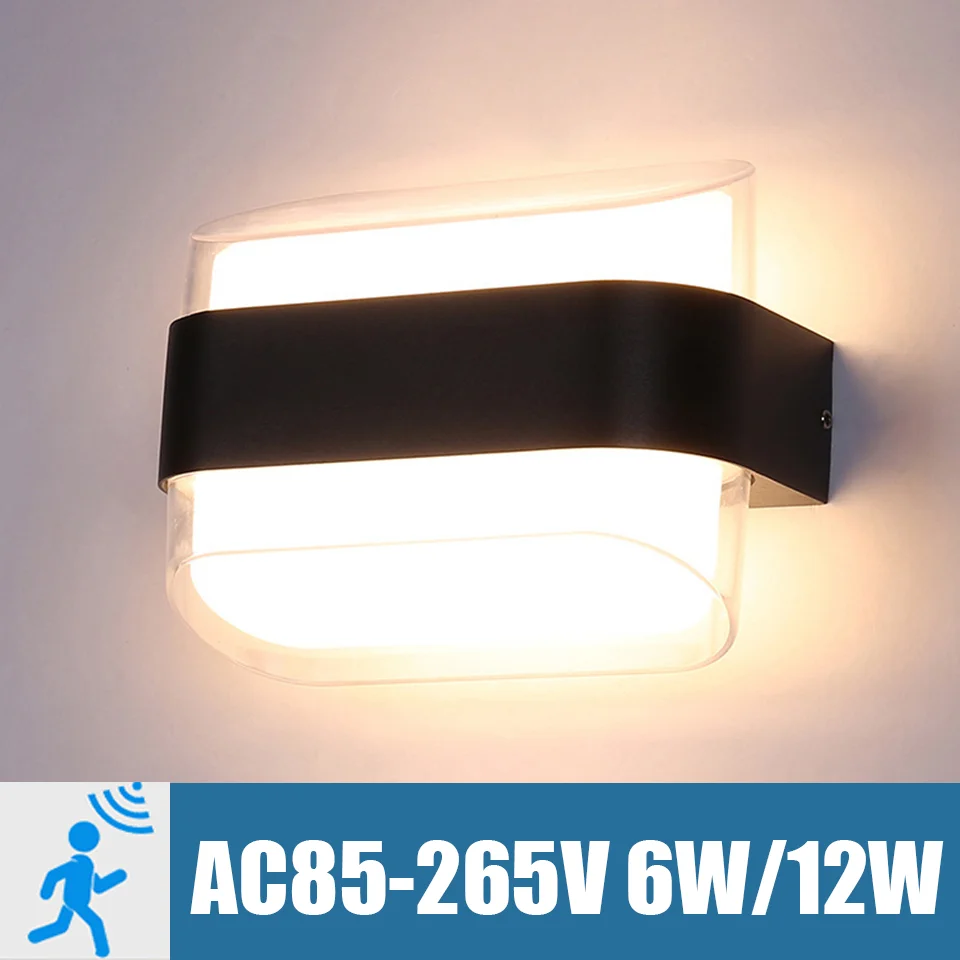레이더 모션 센서 AC85-265V LED 벽 램프, 베란다 표면 장착 장식, 고정장치 주방 계단용 거실, 6W, 12W