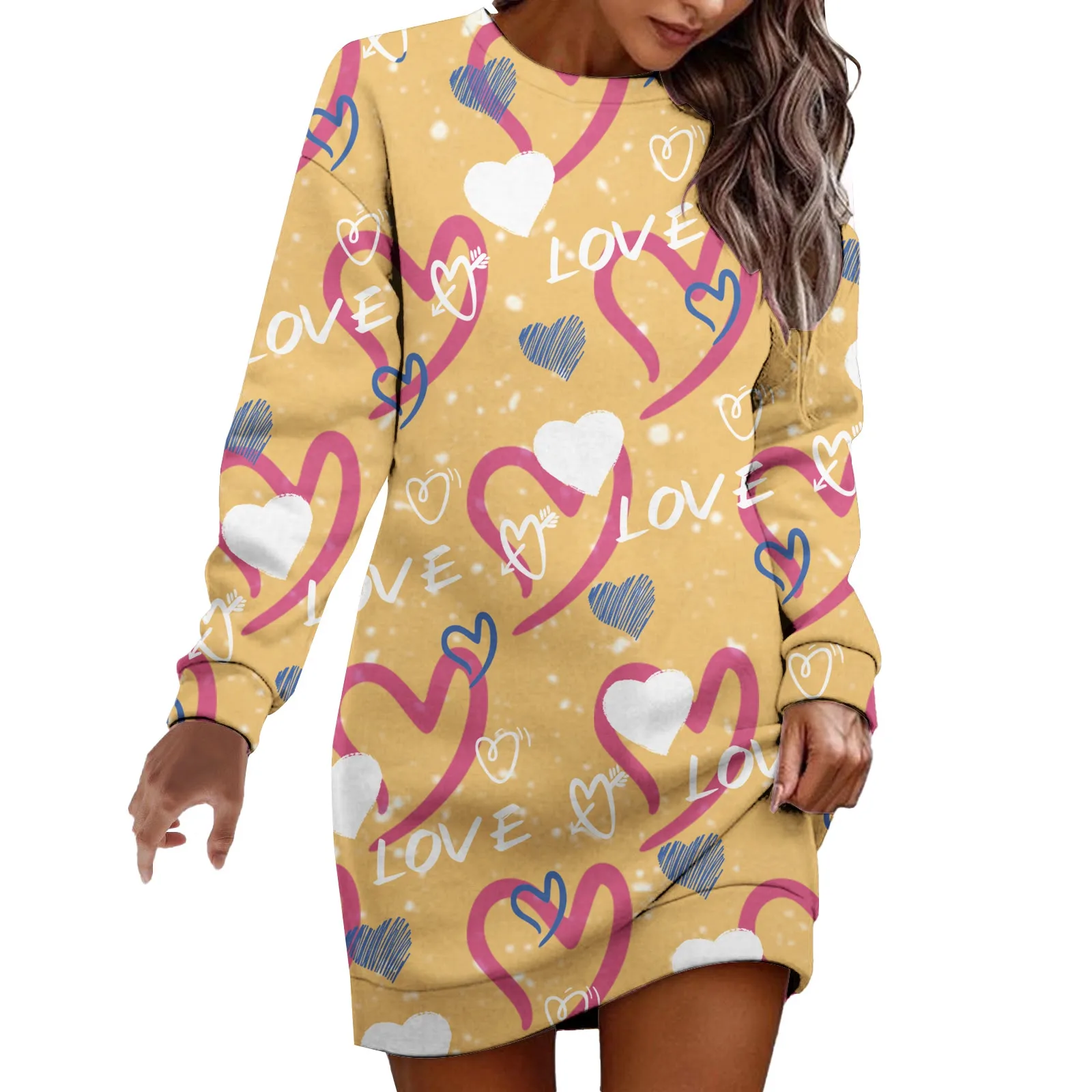 

Womens Fashion Valentines Day Love Print Round Neck Long Sleeved Casual Dress Maxi Dresses for Women Summer Women Summer Outfits