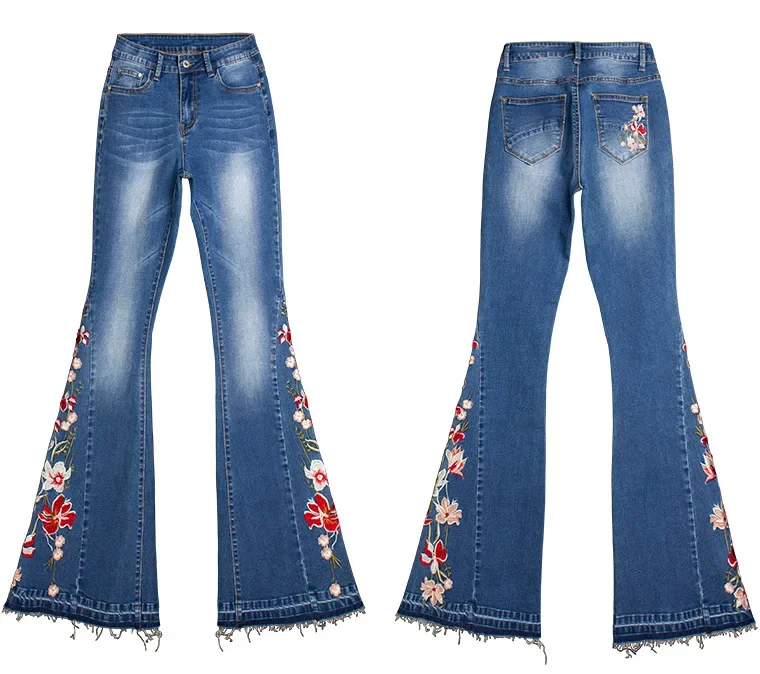 플레어 청바지 여성 스트레치 데님 바지 자수 꽃 바지 빈티지 의류 Pantalones De Mujer Pantalon Femme 3xl XXXL
