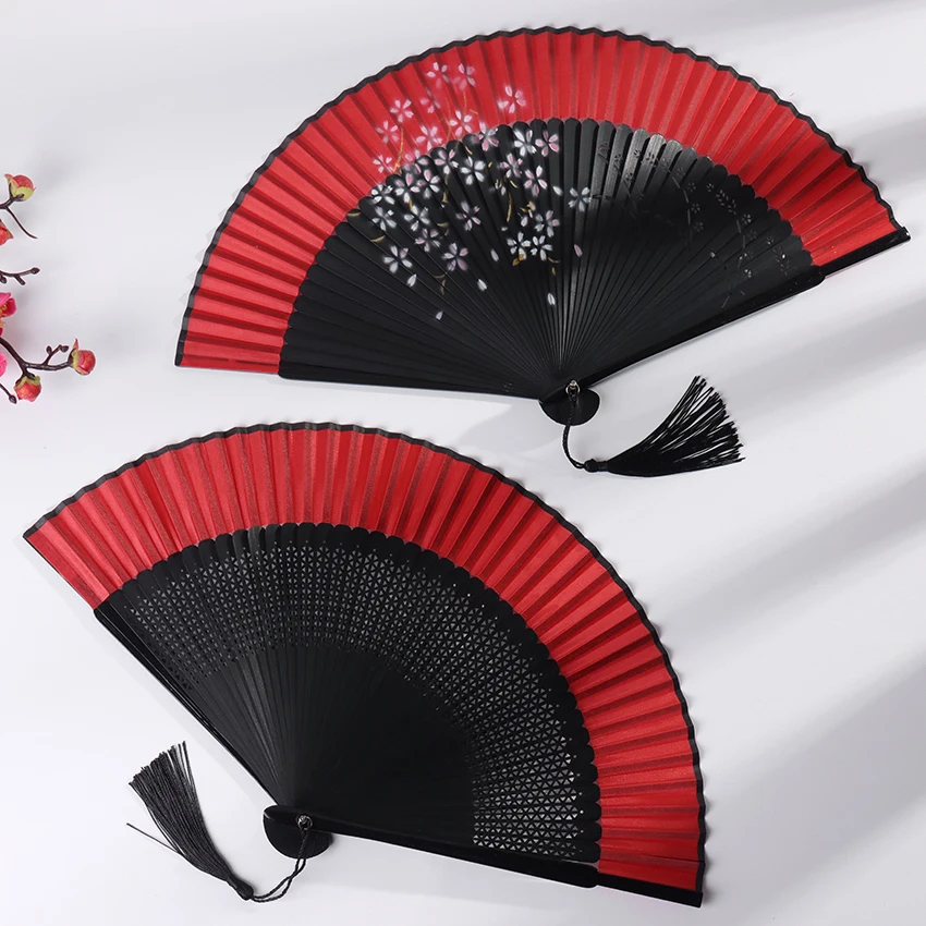 

Red Black Hand Held Bamboo Folding Fan Dance Folding Chinese Japanese Charming Elegant Vintage Retro Style Women Gifts