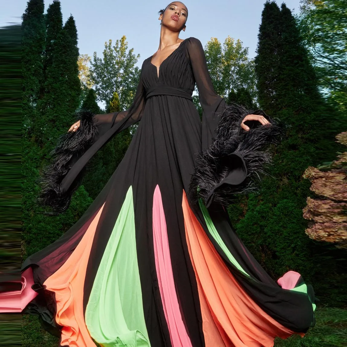 V-neck Prom Dress Long Pagoda Sleeve Satin Dress With Feather