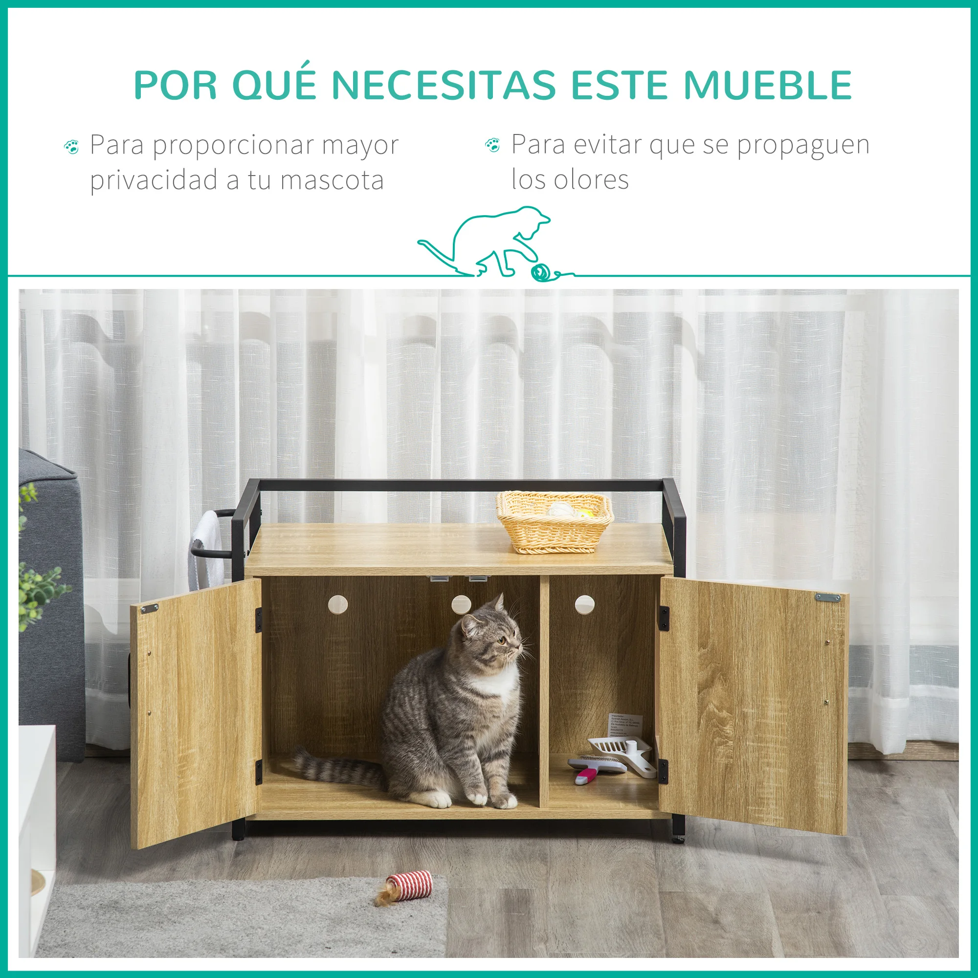 Caixa de areia de madeira da mobília da casa do gato de pawhut para gatos 2  em 1 com armário de armazenamento grande bancada 2 portas furo de entrada  lateral e barra