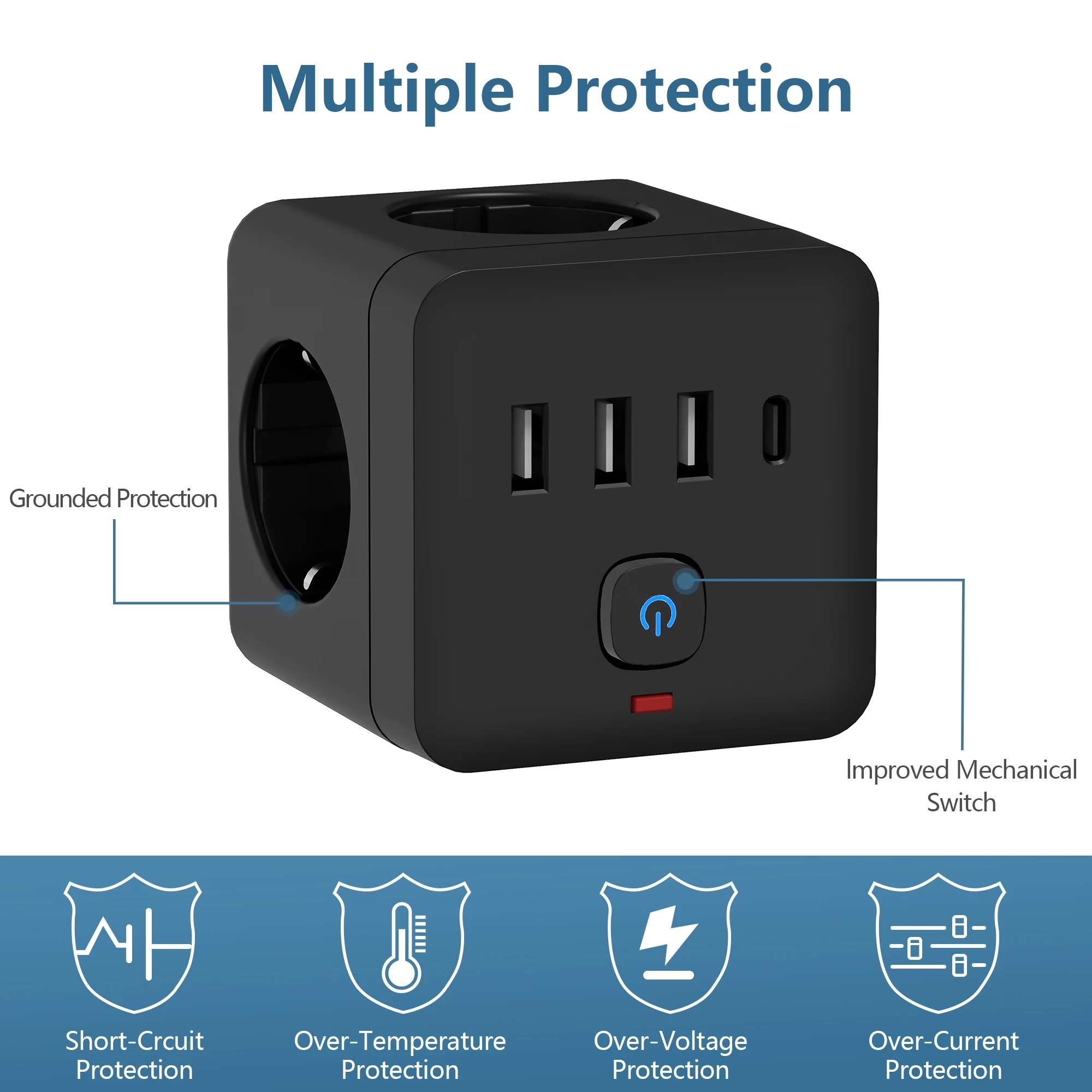 7-in-1 EU Power Strip 3 AC Outlets 3 USB 1 Type-C Desktop Charging Station Overload Protection