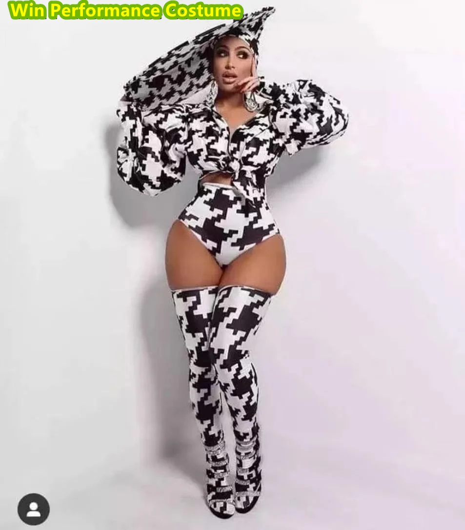 Night Club Bar Female Singer Guest Dance Team Fake Exposed Flesh Print Thousand Bird Grid Striped Zebra Suit Performance dance dress women dance costume stage performance costume