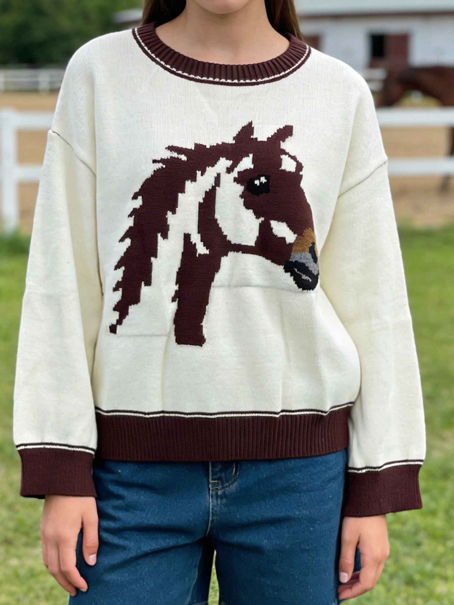 Women s Cozy Winter Sweater with Long Sleeves and Round Neckline Featuring a Stylish Horse Head Print Design