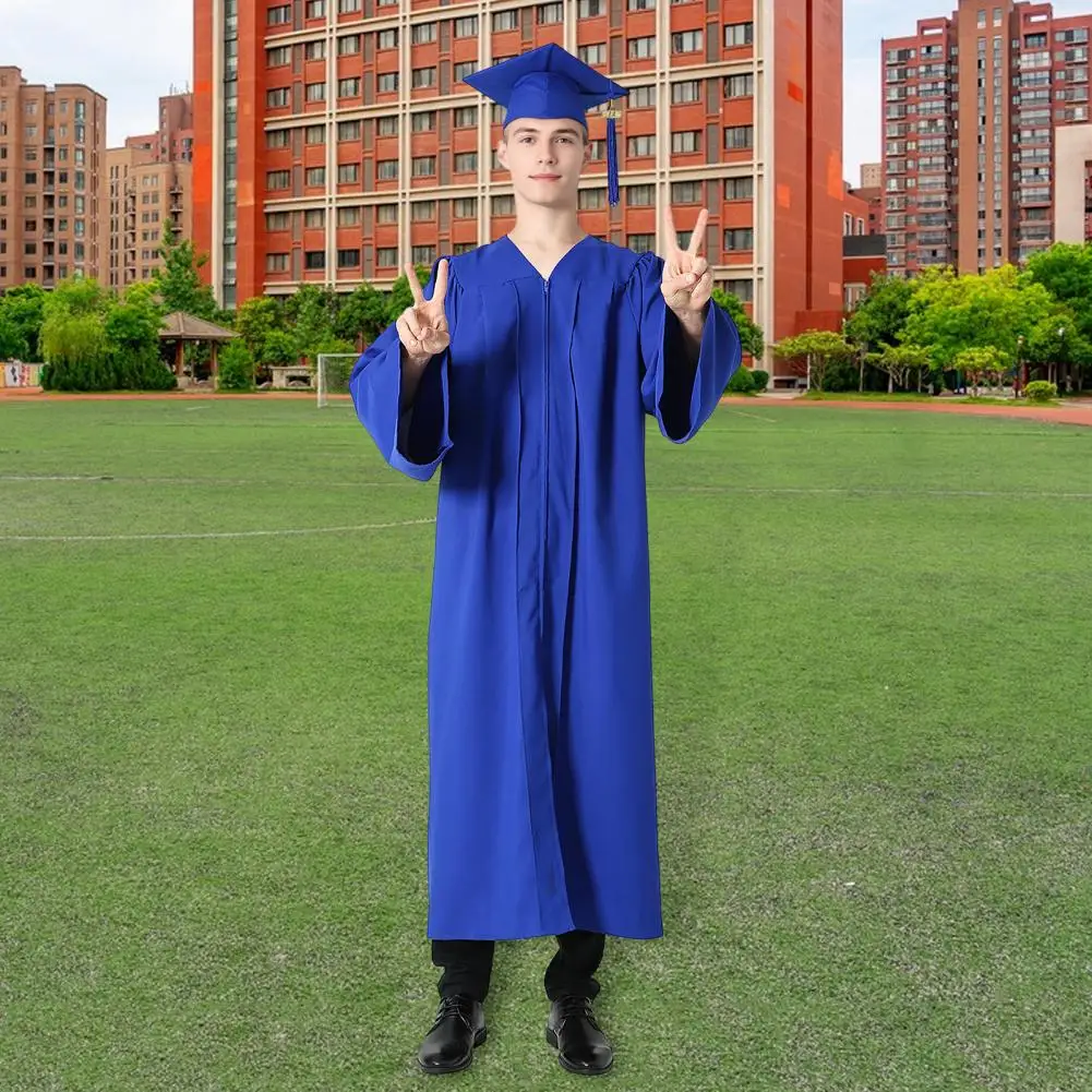 Graduation Gown Set Bachelor Graduation Uniform With Hat V Neck Knee Length Long Sleeve Academic Dress Hidden Button Student Graduation Robe