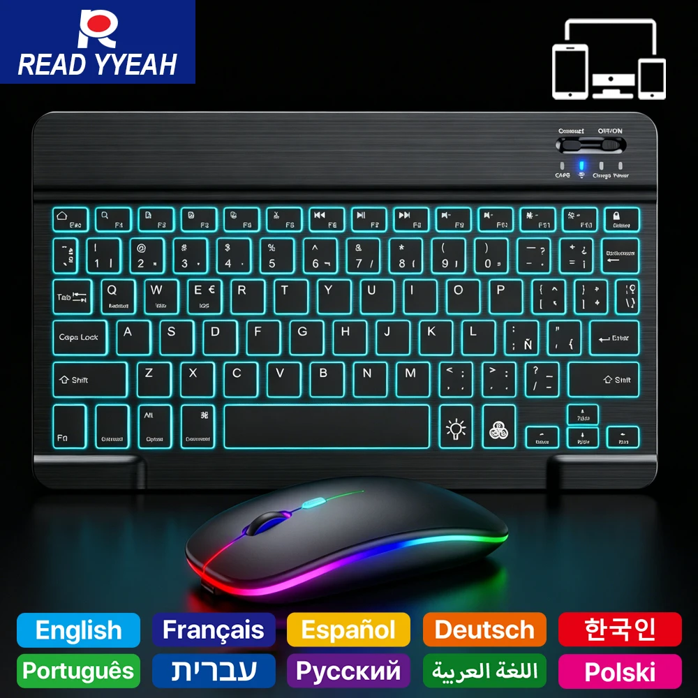 Wireless Bluetooth Keyboard and Mouse Set with 7-Color Backlight – Multi-language, Portable, Rechargeable Keyboard