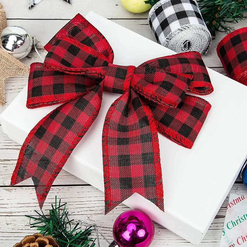 Christmas Ribbon 6M/Roll Craft Imitation Hemp Wire Edge Linen Red Green Snowflake Plaid