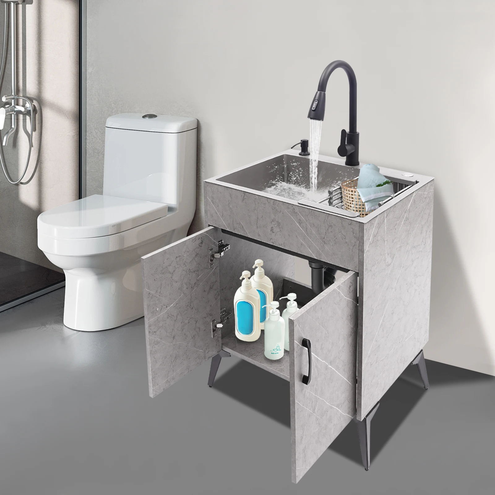 Stainless Steel Kitchen Sink with Cabinet and Faucet Portable Laundry Sink for Laundry & Utility Room Multi-functional Kitchen 2