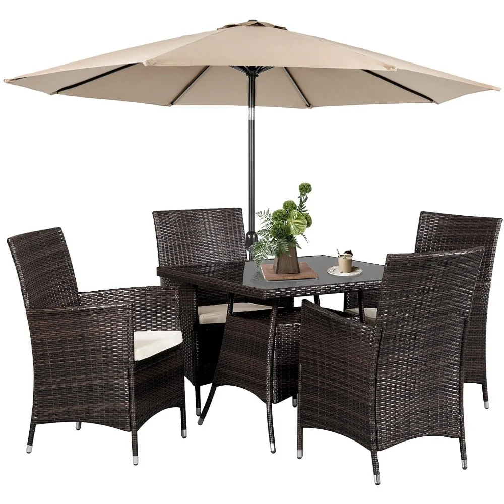 

5 Piece Outdoor Dining Set All-Weather Wicker Patio Dining Table and Chairs, Tempered Glass Tabletop with 9 FT Patio Umbrella
