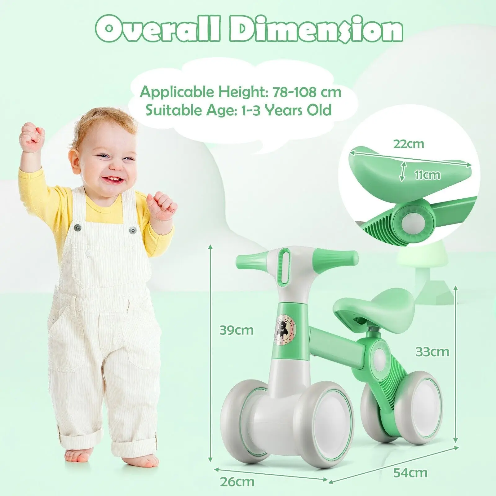 DORTALA Cute Baby Balance Bike 4 Wheels Childrens Bicycle Toddlers Riding Toy w/No Pedal Green/Pink/Yellow 2
