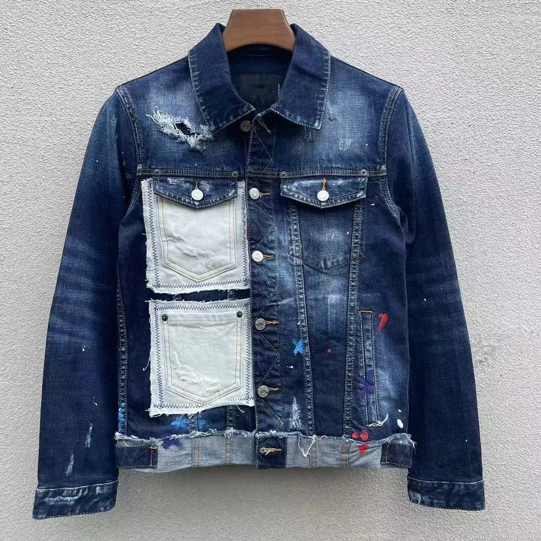 

2023 New D2 denim jacket Fashion slim fitting patchwork color changing versatile men's denim jacket Men's