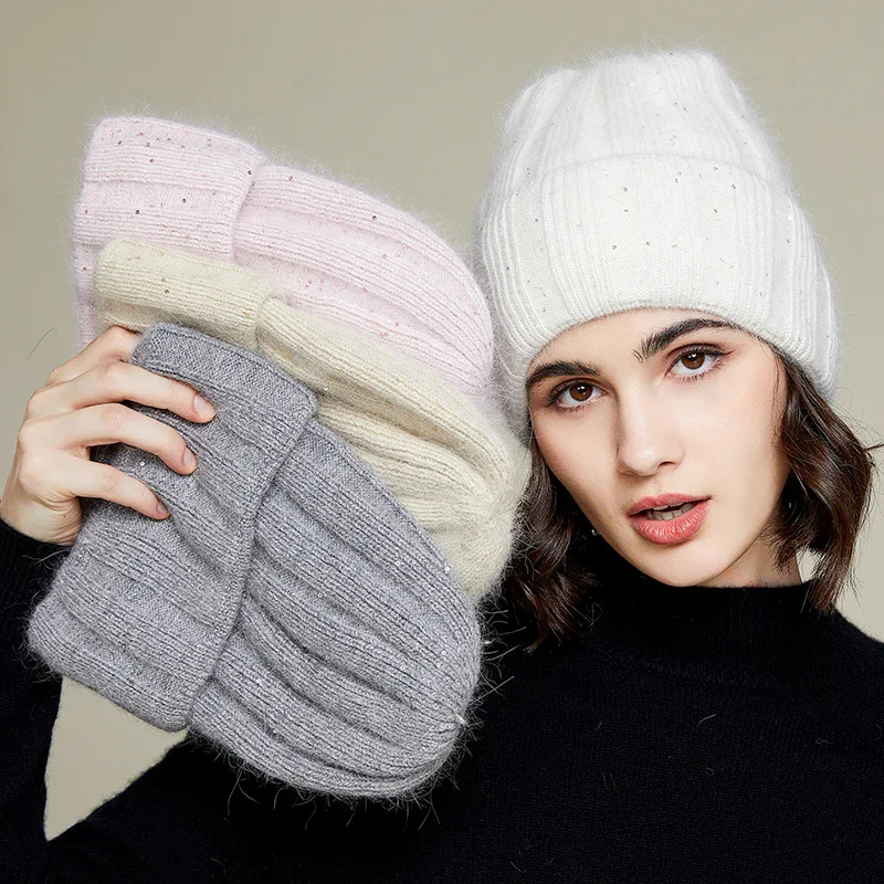 VISROVER 10 Color Rabbit Cashmere unisex Woman Winter Hat With Lurex Autumn Beanies Cashmere Woman Warm Rabbit Fur Skullies Gift 2