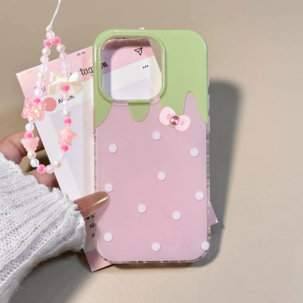 Korean Pink Cute Strawberry Polka Dot Bow Phone Case - Y2K Style Cover