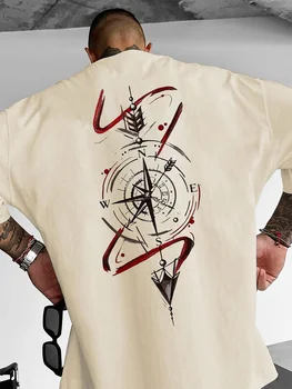 Compass Pattern Printed T-shirt Men Summer Sweat-absorbing Breathable Comfortable Top Outdoor Short Sleeve Trendy Men's Clothing 1