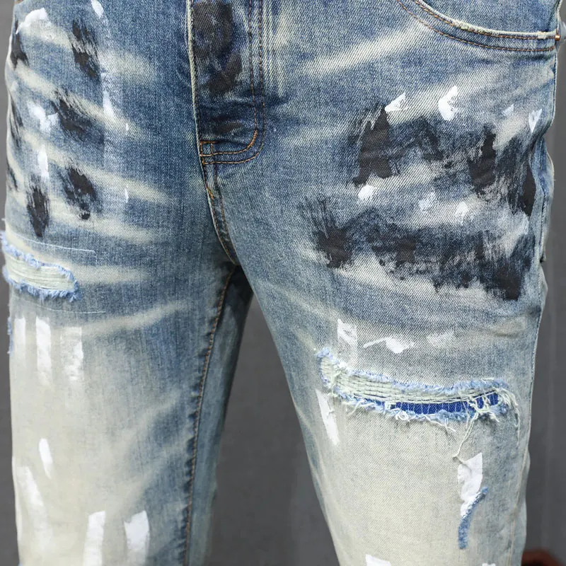 Streetwear Fashion Men Jeans Retro Blue Stretch Skinny Fit Ripped Jeans Men Splashed Painted Designer Hip Hop Brand Pants Hombre
