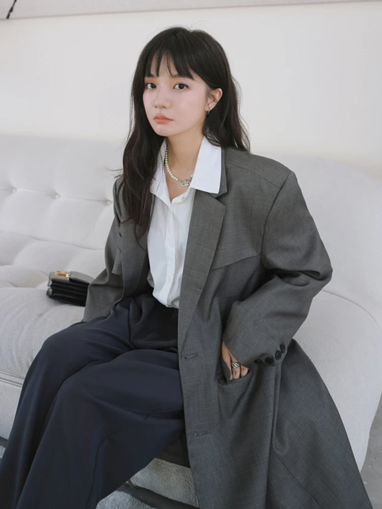 LANMREM 여성용 긴 블레이저, 노치드 긴 소매, 싱글 브레스트 백 스플릿 코트, 패션 2024, 신상 의류, 2Z1229
