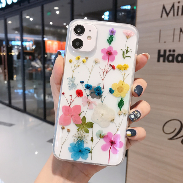 Glitter Real Dry Pressed Flower Phone Case For iphone 12 11 13 pro XS MAX x SE XR 7 8 plus Transparent Silicone Cover