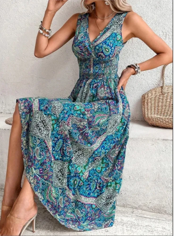 

Long Dresses Bohemian Sleeveless Women's Clothing, Beach Party, Leisure, Vacation, Summer Printed Elegant Set Vestidos